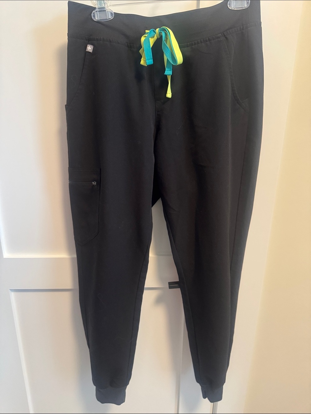 FIGS Black Joggers with Neon Yellow and Teal Drawstring